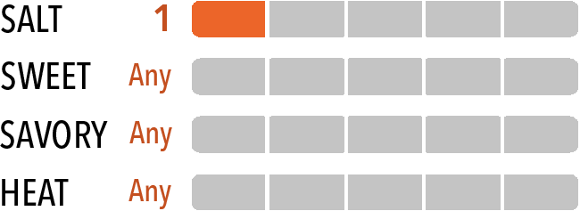Flavor graph showing Salt: 1, Sweet: Any Value, Savory: Any Value, Heat: Any Value.