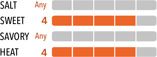 Flavor graph showing Salt: Any Value, Sweet: 4, Savory: Any Value, Heat: 4.