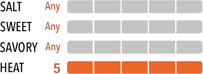 Flavor graph showing Salt: Any Value, Sweet: Any Value, Savory: Any Value, Heat: 5.
